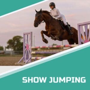 A rider in white equestrian attire is show jumping on a chestnut horse over colorful obstacles. The scene is outdoors at sunset with a background of trees and soft pink skies. The lower section of the image is bordered with a teal diagonal banner containing the text "SHOW JUMPING" in bold white font.